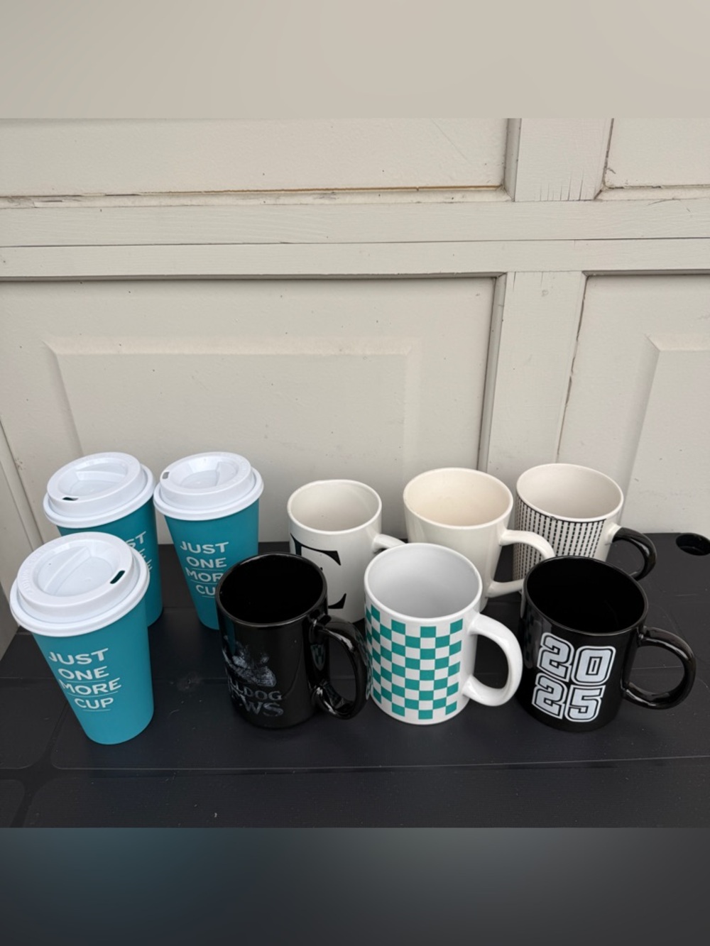 9 x cups Mugs - 6 Ceramic white black & 3 plastic Teal bundle coffee tea